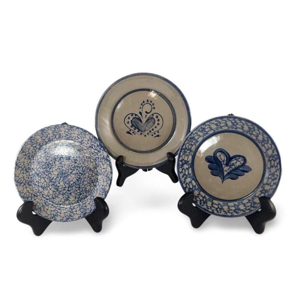 Vtg Set 3 Beaumont Brothers 7" Pottery Plates - Blue Spongeware Wall Hanging